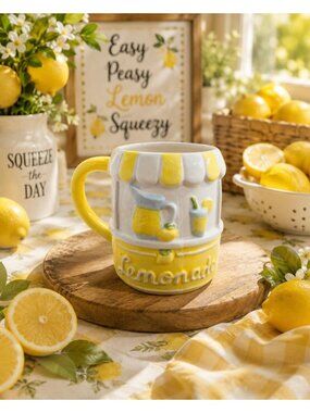 New White & Yellow Ceramic Summer Lemonade Stand Lemons Cute Tea Coffee Mug Cup